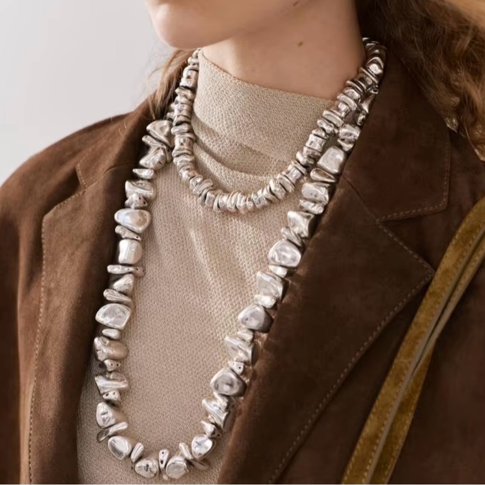 Chunky Beaded Silver Layering  Long Necklace